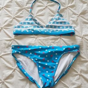 OP blue and white polka dot with red hearts bikini